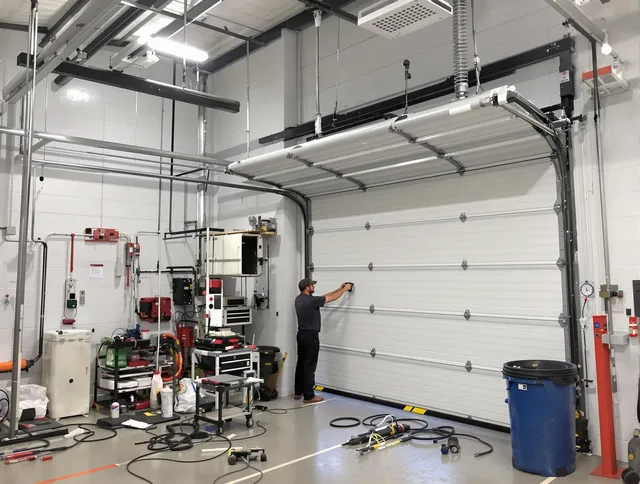 Savannah Garage Door Repair certified technician performing commercial door repair at a Savannah business facility