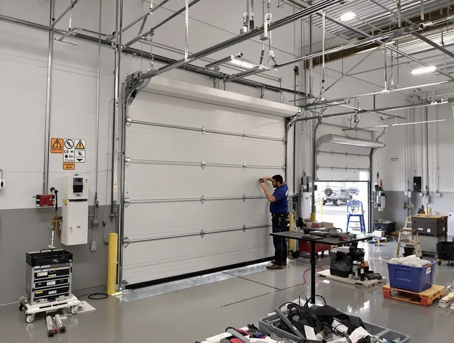 Commercial garage door repair being performed by Savannah Garage Door Repair expert in Savannah