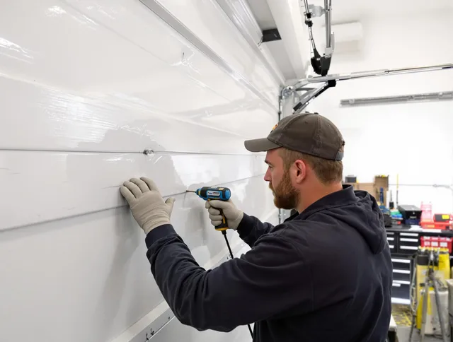 Savannah Garage Door Repair technician demonstrating precision dent removal techniques on a Savannah garage door