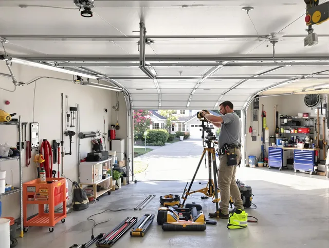 Savannah Garage Door Repair specialist performing laser-guided track alignment in Savannah